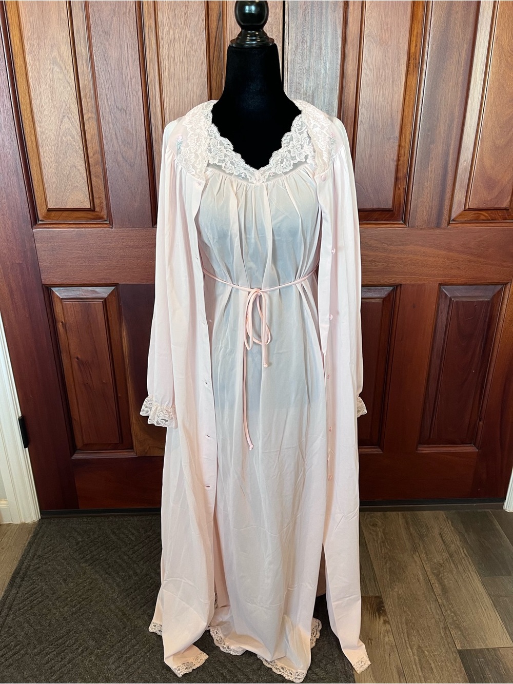 Vintage Shadowline Peignoir Set S Maxi Gown Robe Pink Lace Embroidery Rosebuds